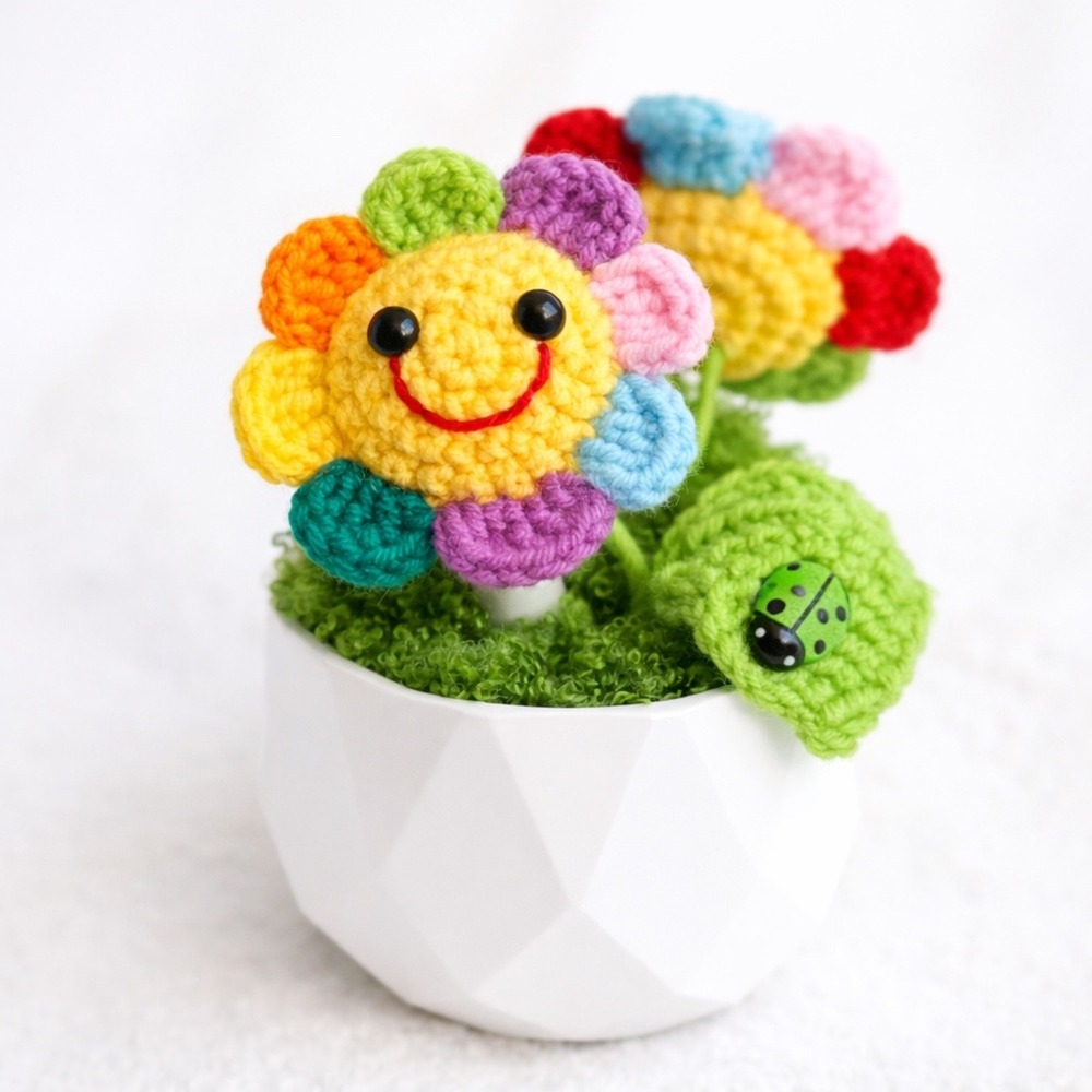 Crochet Flower Pot Amigurumi Smiling Flowers Desk Decor Handmade Gift Cute Plant - Picture 8 of 8